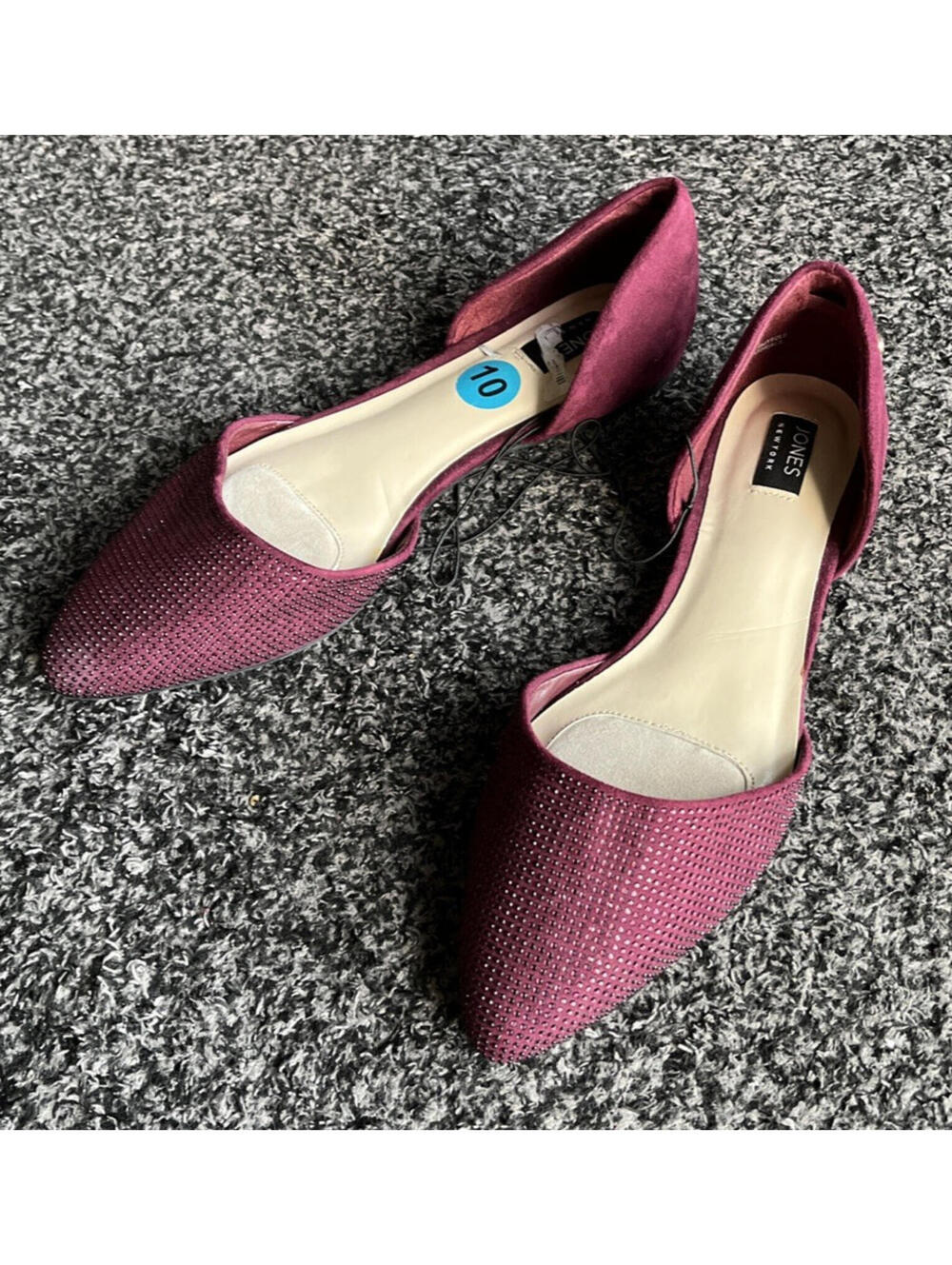 NEW JONES NEW YORK WOMENS BLINGED BURGUNDY POINTED FLATS WINE RED ROMA SIZE 10